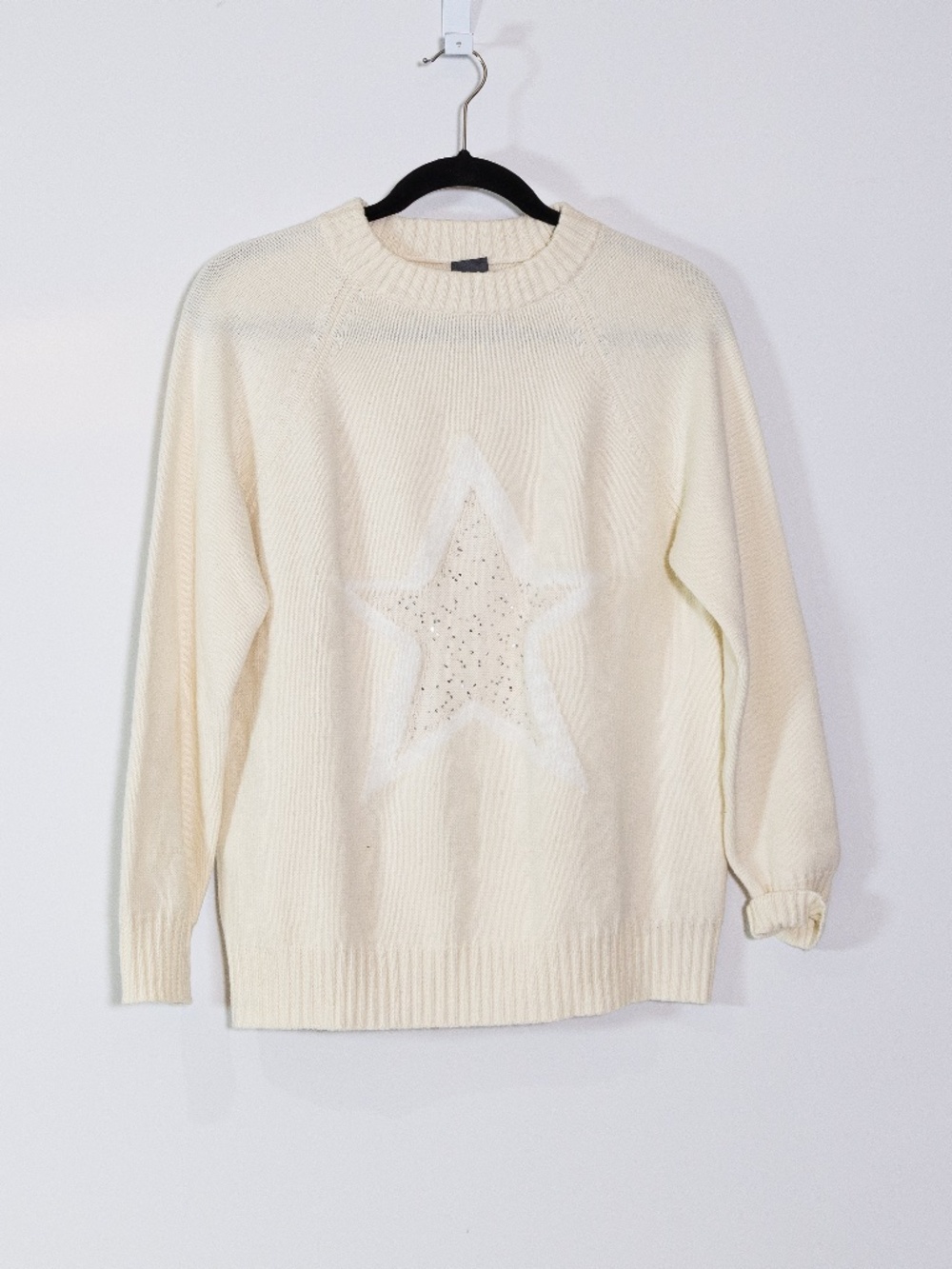 Lorena Antoniazzi Cashmere Wool Silk Knit Stretch Sequin Star Sweater Ivory M